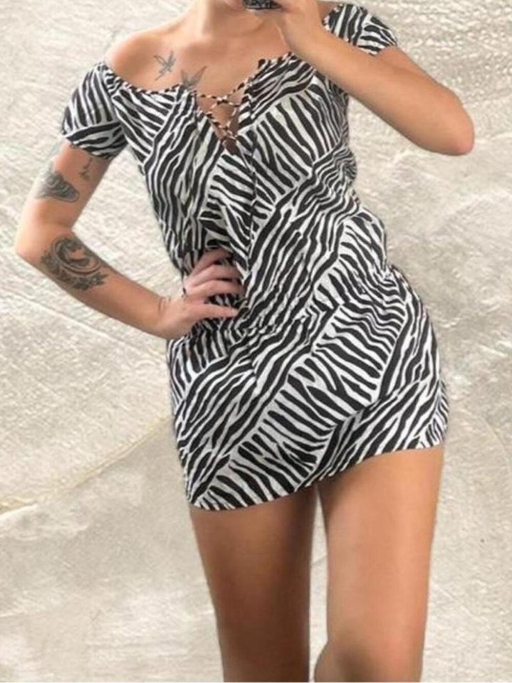 Y2K Zebra Print Lace-Up Swim Coverup Mini Dress 🦓 cutest off shoulder 2000s